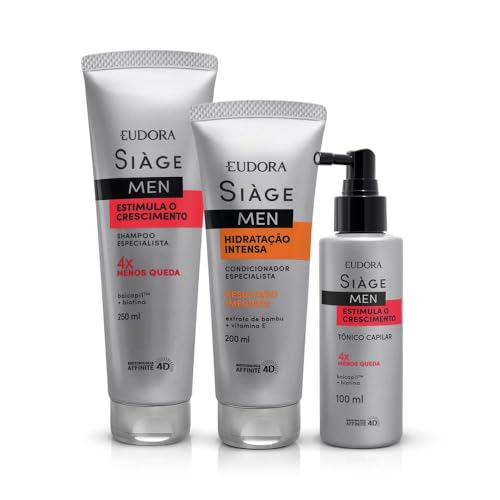 Eudora Kit Siàge Men: Shampoo Estimula o Crescimento 250ml + Condicionador Hidratação Intensa 200ml + Tônico Capilar Estimula o Crescimento 100ml