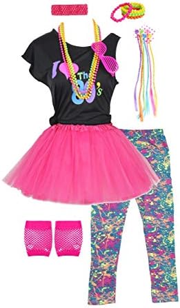 Girls 80s T-Shirt Costume Outfit Accessories Headwear Skirt Leggings Gloves