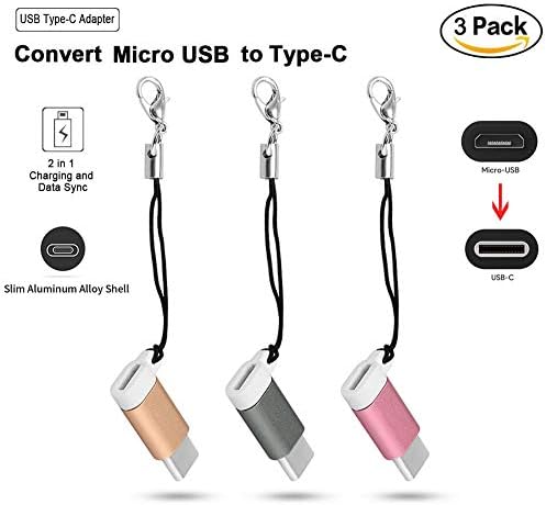 Type C Adapter Aluminium Alloy Micro USB to USB-C Portable Converter Fast Charge and Data Sync Mini Adapter Cable Connector with Keychain for all Type C cable Port Devices (3 Packs, 3 Colors)
