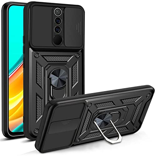 PANXIYUE Xiaomi Redmi 9 Case, Sliding Window Armoured Shockproof Dual Layer Hard PC and TPU Silicone with 360° Magnet Ring Stand Case Cover for Xiaomi Redmi 9, Black
