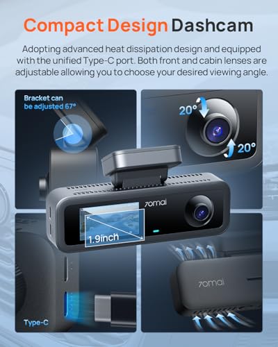 70mai 4K Dash Cam Front and Interior, 4K HDR Dash Camera with F1.55 Aperture, UHD Dashcam, Wi-Fi 6, 24H Parking Surveillance, GPS, Loop Recording, 64GB Card Included, for Cars/Taxi/Uber/Lyft