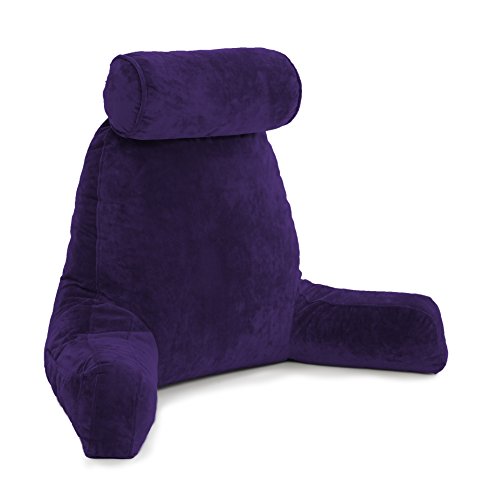 Husband Pillow - Big Bedrest Reading & Support Bed Backrest with Arms Purple - Premium Shredded Memory Foam with Detachable Neck Roll Pillow - Bed Rest Pillow Makes a Comfy & Therapeutic Cuddle Buddy