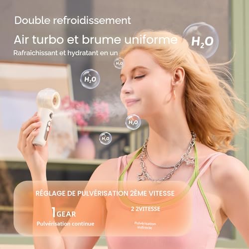 Gemmac Portable USB Misting Fan, Mini Handheld Handheld Fan Battery Operated with Sprayer, 2000mAh Rechargeable Fan 4 Speed, Travel Accessories for Office Makeup - White