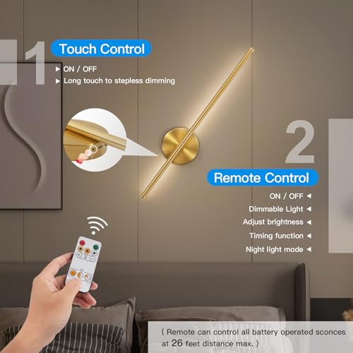 TaoFiaCo 60CM Gold Indoor LED Wall Lights - Wireless Wall Lamp 3 Colour Temperatures - Battery Wall Light with Remote Control for Bedroom, Living Room, Dining Room
