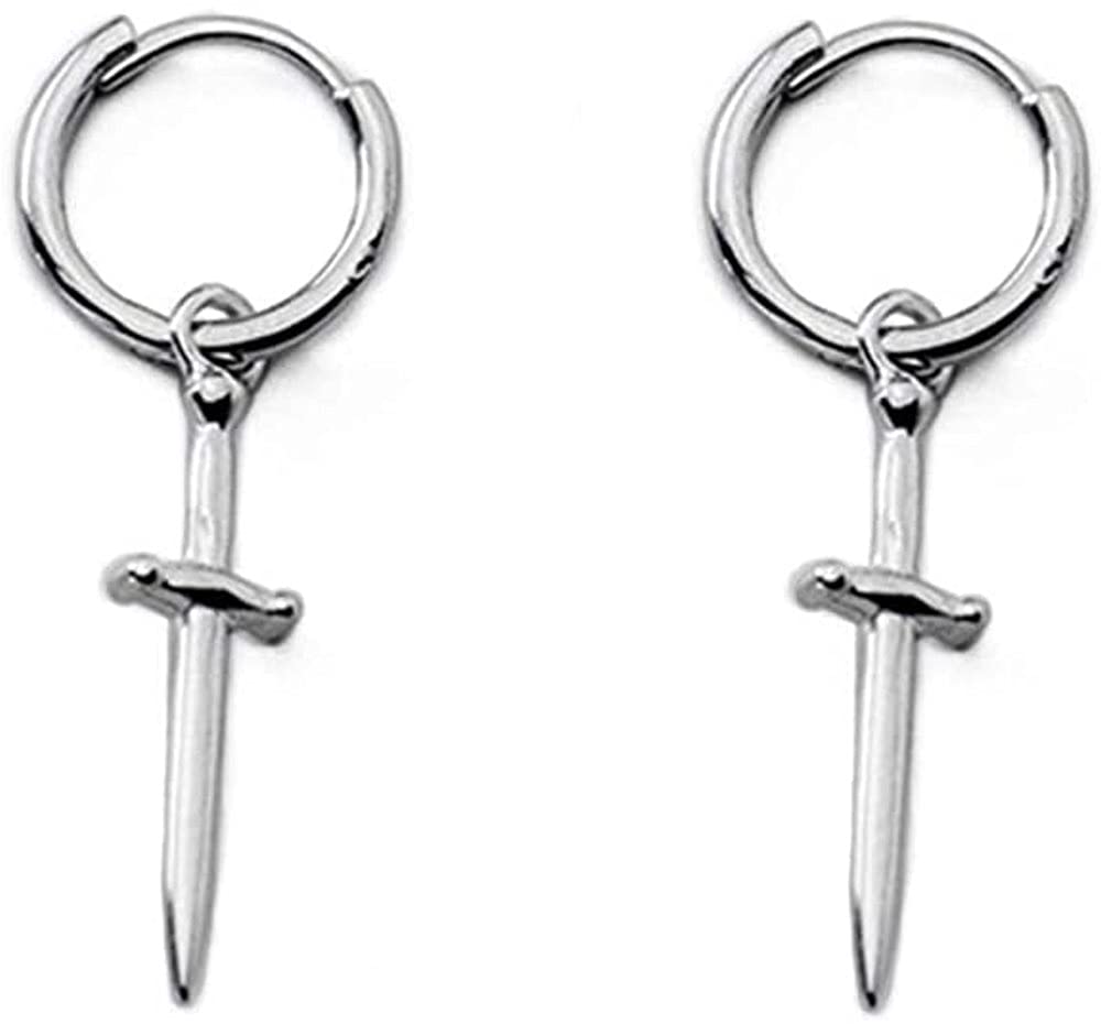 Simple Dangle Knife Small Hoop Cuff Drop Earrings for Women Men Boys Girls Personalized Sterling Silver Huggie Hinged Cute Cartilage Hypoallergenic Charm Dagger Little Hoops for Her Bff Boyfriend 9mm