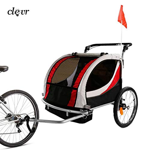 Clevr Deluxe 3-in-1 Double 2 Seat Bicycle Bike Trailer Jogger Stroller for Kids Children | Foldable w/Pivot Front Wheel, Red - Thumbnail 2