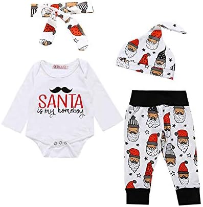 Asisol 4Pcs Baby Boy Girl Christmas Outfits Letter Long Sleeve Romper + Santa Claus Pant Sets + Hat + Headband