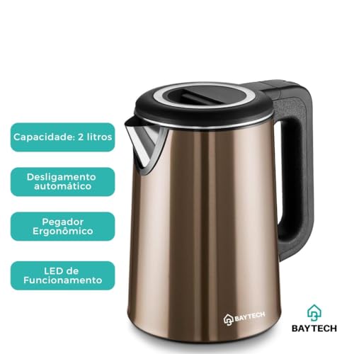 Chaleira Elétrica Inox 2 Litros 127/ 220V com Base Giratória 360° Aquecimento Rápido e Desligamento Automático (Marrom, 127V)