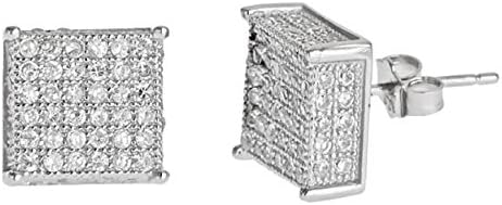 SQUARE SHAPE 925 SILVER 14K WHITE PLATED 3D WHITE C.Z STONES ON ALL SIDES STUD EARRINGS MEN 10MM