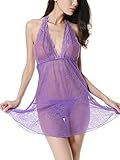 Women Lingerie Nightwear Lace Babydoll Strap Chemise Halter Mini Dress, Purple  Med