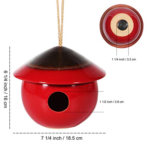 Tenforie Ceramic Birdhouses Bird Hut Hanging Hummingbird Nest for Outdoor -Red