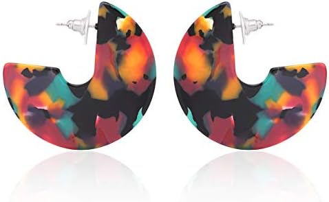 Acrylic Resin Round Hoop Earrings - Tortoise Shell Leopard Floral Disc Bohemian Statement C-Hoop Earring Jewelry for Women