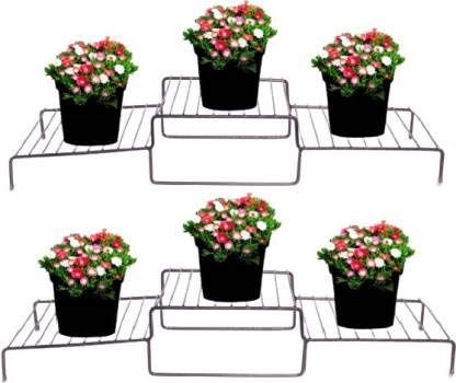 SHIYON Metal/Iron Indoor/Outdoor Plant Stand, Flower Pot Stand Rack - Length - 63 cm, Height - 6 cm & Width - 21 cm, for Home, Garden, Balcony, Living Room (Black, Pack of 2)