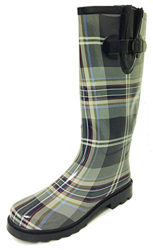 RF Women's Rain Boots Multiple Styles Color Mid Calf Wellies Buckle Fashion Rubber Knee High Snow Shoes (5 B(M) US, Grey Plaid)