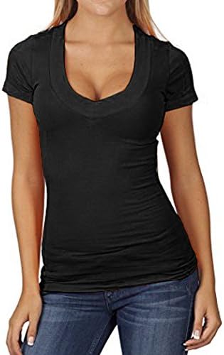 PaPaPa SEXY Basic Low Cut Deep Cleavage V-Neck Stretch Top Tee Shirt (Large, black)