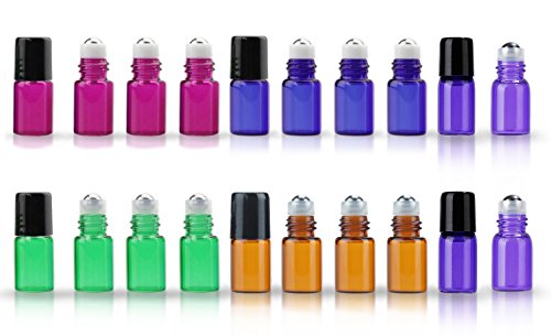20 Pack Set 2ML(5/8 Dram) Micro Mini Glass Roll on Glass Bottles with Metal Roller Balls Refillable Slim Sample Vial Aromatherapy Essential Oil Roll On(2ML MIX)