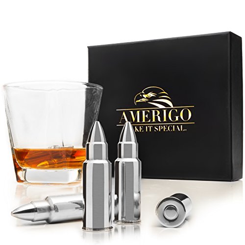 Whiskey Stones Bullets with High Cooling Technology - Stainless Steel Whiskey Bullets - Reusable Ice cubes - Best Gift for Men - Set of 6 Whiskey Ice Cubes + Ice Tongs - Whiskey Stones Gift Set