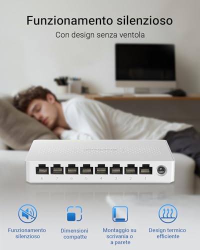 BrosTrend 2.5GB Ethernet Switch 8 Ports, Ethernet Splitter Hub Unmanaged Switch 2.5 Gigabit, Plug and Play Fanless, Ideal for Home and Office, Desktop or Wall, Lifetime Warranty