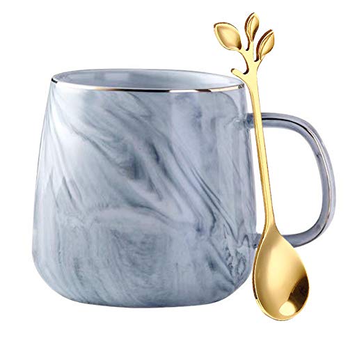 Ceramic Coffee Mug with Leaves Spoon, 13oz Marble Coffee Cup Unique Gift Mug for Wedding Birthday Party Christmas Gifts and Thanks Giving Mug Gift-Grey