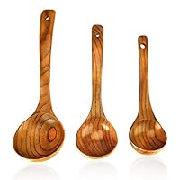 Set of 3 Wooden Spoons Kitchen Ladles Utensils- 10.5 inch Serving Ladle, 9.5 inch Cooking Mixing Spoon & 8 inch Soup Ladle