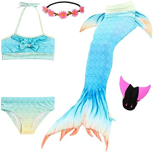 5 Pcs Mermaid Tail Swimsuit Included Monofin and Flower Headband Wet/Dry for Kid …