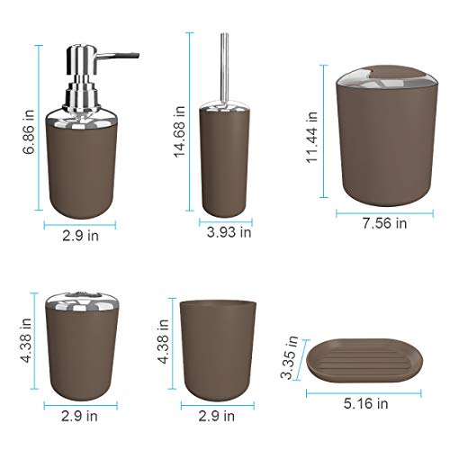 TEKITSFUN Brown Bathroom Accessories Set, 6 Pieces Plastic Gift Bath Accessory Set Luxury Ensemble Includes Toothbrush Holder,Toothbrush Cup,Soap Dispenser,Soap Dish,Toilet Brush Holder,Trash Can