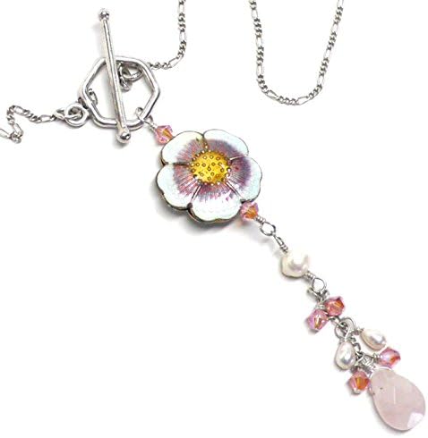 Chinese Cloisonne Enamel White Pink Flower Rose Quartz Crystal Cluster Drop Sterling Silver Chain Necklace