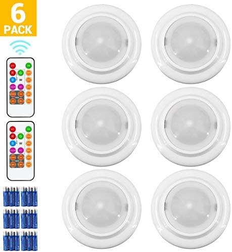 Wireless LED Closet Lights, RGB Color Changing Puck Light with Remote Control, Touch Sensor LED Night Light, Battery Operated Under Cabinet Light - 6 Pack