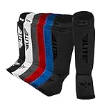 Elite Sports Muay Thai MMA Kickboxing shin Guards, Instep Guard Sparring Protective Leg shin Kick Pads for Kids and Adults (XS, Black/Black)