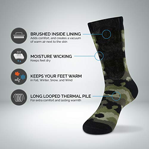 Hot Feet Cozy, Heated Thermal Socks for Men, Warm, Patterned Crew Socks, USA Men's Sock Sizes 6 - 12.5 - Hot Feet (Green Camo/Solid Black) (2 - Pack)