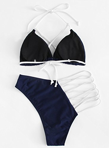 SOLYHUX Women's Sexy Halter Ladder Cutout Brazilian 2PCS Bikini Set Swimsuits Navy L