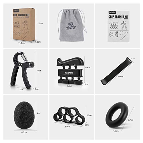 Peradix Hand Grip Strengthener Workout Kit, 6 Pack Forearm Grip Adjustable Resistance Hand Gripper, Finger Exerciser, Finger Stretcher, Grip Ring, Resistance Bands & Stress Relief Ball for Athletes