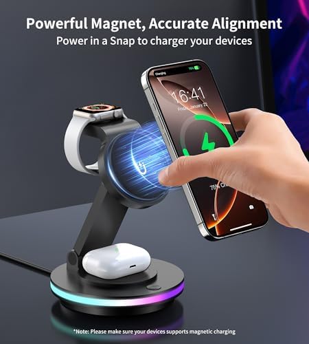 Mag Safe Ladegerät, 3 in 1 Ladestation für Apple Watch und iPhone, faltbar, drehbar mit Lichteinstellung, Wireless Charger Mag Safe Ladeständer für iPhone 16/15/14,AirPods (Ohne Adapter)-Schwarz