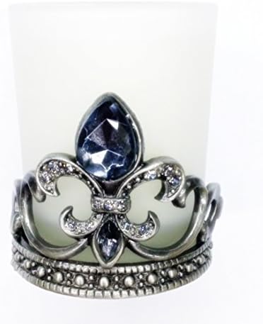 Votive Candle Holder -Ornate, Pewter Fleur de Design with Gray Crystals