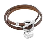 Rhodium Plated Base Metal & Brown Leather Heart Charm Double Wrap Multilayer Bracelet Jewelry