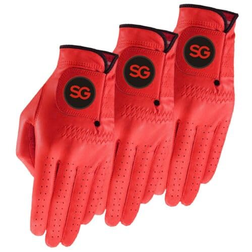 Golf Gloves Men -Cabretta Leather Pack of 3 Gloves – for All Weather Conditions – Soft Feel Grip, Breathable - Left/Right Handed Golfer – Vibrant Colours (Red, Small, To Be Worn In Left Hand)