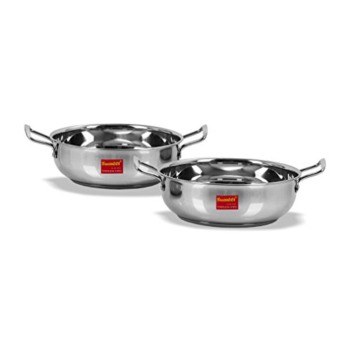 Click Here to See More Images Sumeet Stainless Steel Induction Bottom (Encapsulated Bottom) Induction & Gas Stove Friendly Kadhai Set of 2 Size No. 12 (1.9 Ltr) & Size No. 13 (2.3 Ltr) (1.9 Ltr & 2.3 Ltr)