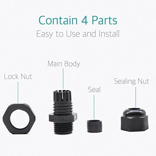 Lantee PG 9 Cable Gland - 20 Pieces Black Plastic Nylon Waterproof Wire Glands Connector Fitting - Thumbnail 4