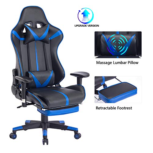 Blue Whale Massage Gaming Chair with Retractable Footrest,Adjustable Massage Lumbar Cushion and Headrest- High Back Ergonomic Leather Racing Executive Desk Computer Office Chair BW192 Blue - Thumbnail 7