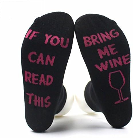 ShareJ Wine Socks If You Can Read This Bring Me a Glass of Wine Funny Saying Knitting Word Cotton Crew Socks For Men Women (Black Rose Red Wine)