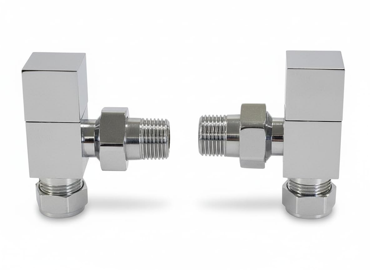 Greened House TEES Chrome Square Towel Rail/Radiator Valve Set 1/2" /15mm (Standard Heating Size) Central Heating & Column radiators