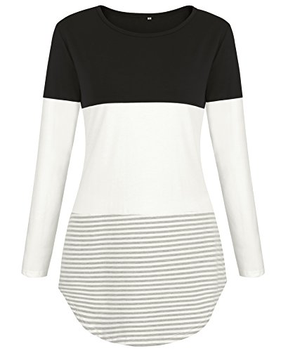 Aliex Women's Casual Long Sleeve T-Shirt Color Block Tunic Top Black S