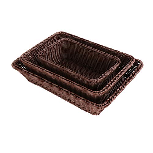 15.7" Poly-Wicker PP Rattan Bread Basket Bread Shop Supermarket Display Basket Woven Tabletop Food Fruit Vegetables Restaurant Serving Basket (Dark Brown, Middle 40x30x10cm)
