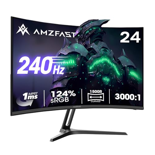 Amzfast Gaming Monitor Curved 24 Zoll, 240Hz, FHD 1920 x 1080, sRGB 124% / DCI-P3 93%, 1 ms MPRT, Blue Light Filter, Adaptive Sync, VESA 75 x 75, AMZG