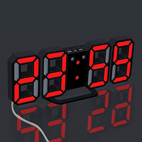 LED Digital Alarm Clock For Desk / Shelf / Tabletop, Modern Home Decoration 3D Wall Clock, Easy To Read at Night, Loud Alarm and Snooze, Big Digit Display (Black Frame, Red Light) - Thumbnail 3