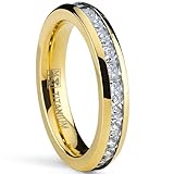 4MM Goldtone Plated Princess Cut women's Eternity Titanium Ring Wedding Band with Cubic Zirconia CZ