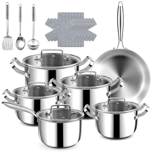 Fruikit 21P Stainless Steel Pots and Pans Set - Professional Induction Hob Cookware Set - Tri-Ply Base 30 cm Saucepan Set, 18 cm Saucepans & 18/20/22/26 cm Casserole - Non-Toxic Pot Set for Kitchen