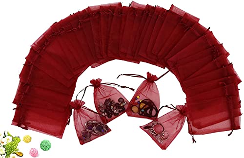 Wuligirl 100pcs Sheer Organza Bag 4X6 with Drawstring Jewelry Pouches Bags for Party Wedding Favor Candy Seashell Favor Bags (Red)