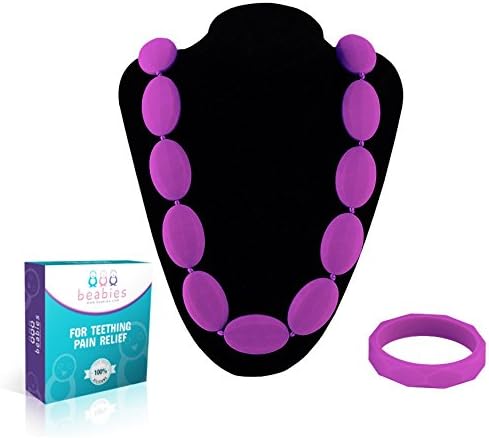 Beabies Breastfeeding Necklace - Teething Necklace for Mom to Wear and Bracelet/Bangle are Smart Baby Shower Gifts - Teether Beads Provide Soothing Pain Relief (Purple)