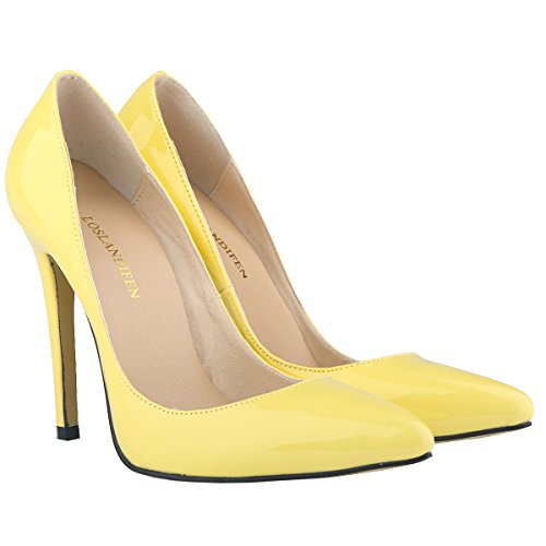 Loslandifen Womens Shoes Closed Toe High Heels Women's Pointed Slender Leather Pumps (38 M EU/7.5 B(M)US, yellow)